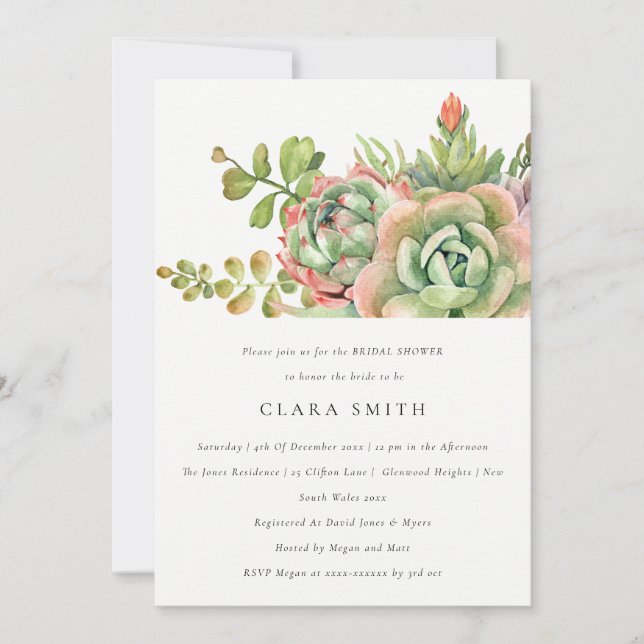 GREEN DESERT SUCCULENT CACTI FOLIAGE BRIDAL SHOWER INVITATION (Front)