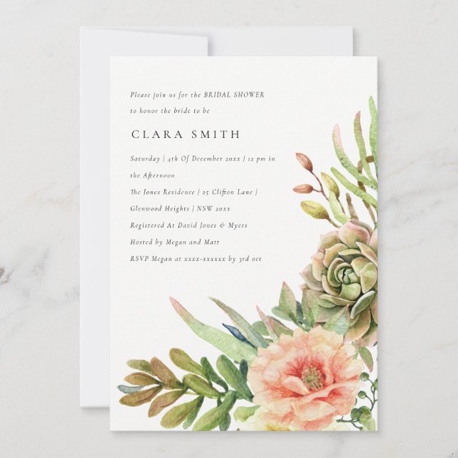 GREEN DESERT SUCCULENT CACTI FOLIAGE BRIDAL SHOWER INVITATION (Front)
