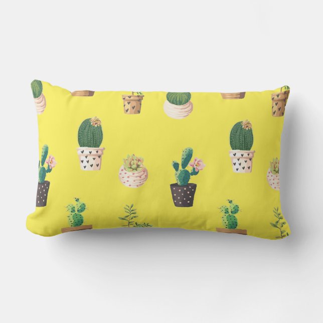 Green Dessrt Succulent Cactus in Pots Lumbar Pillow (Front)