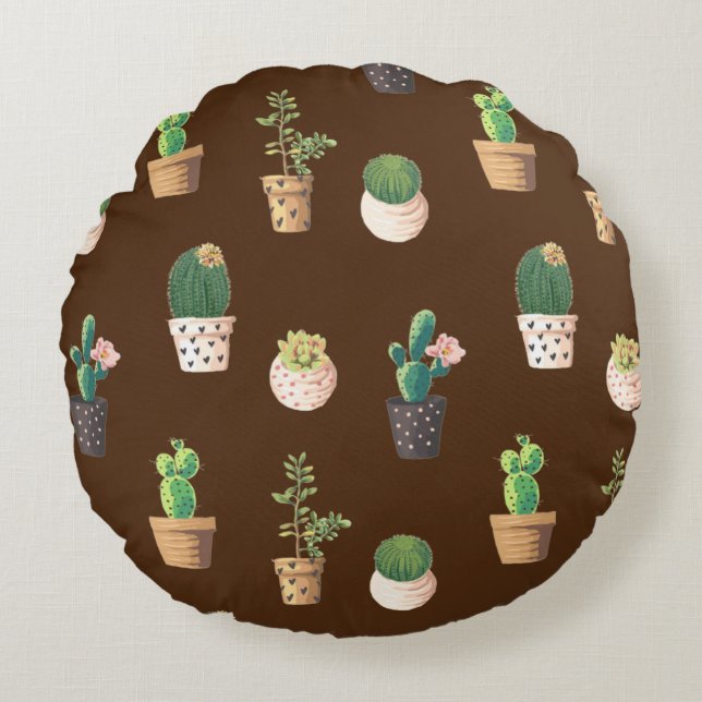 Green Dessrt Succulent Cactus in Pots Round Pillow (Front)
