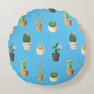 Green Dessrt Succulent Cactus in Pots Round Pillow