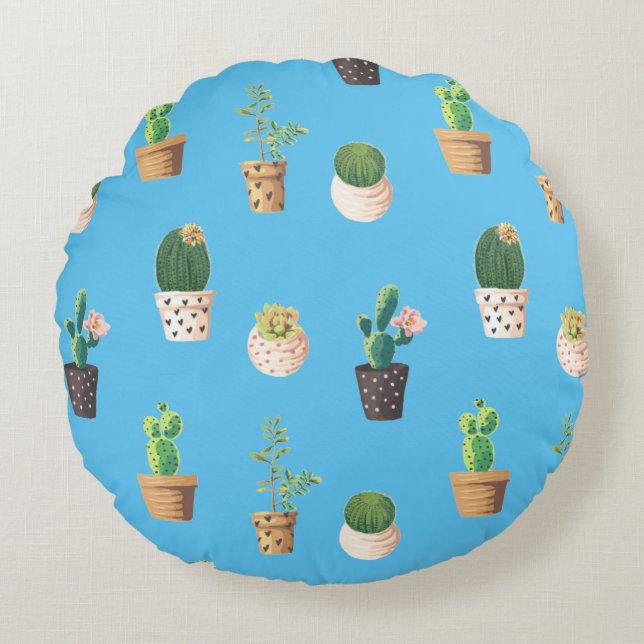 Green Dessrt Succulent Cactus in Pots Round Pillow (Front)