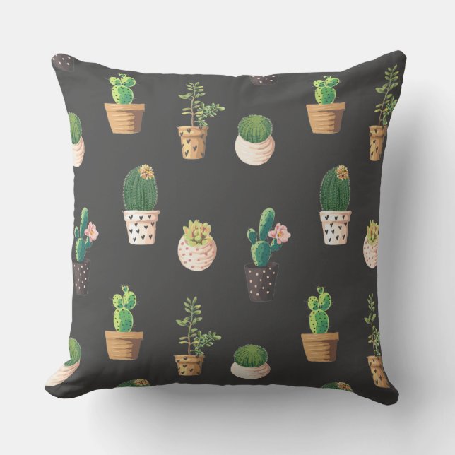 Green Dessrt Succulent Cactus in Pots Throw Pillow (Front)