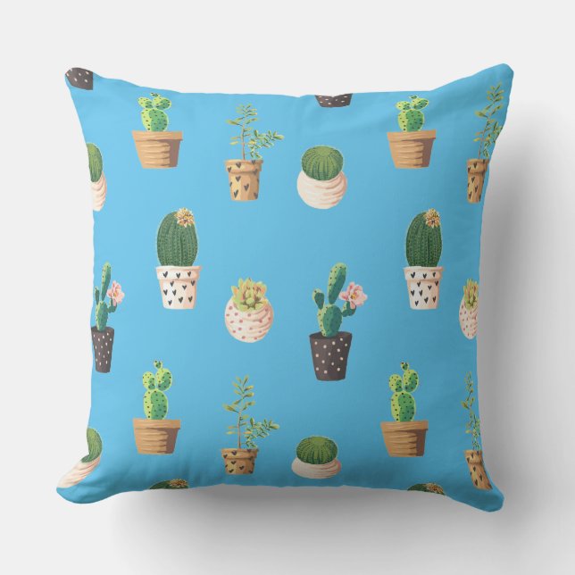 Green Dessrt Succulent Cactus in Pots Throw Pillow (Front)