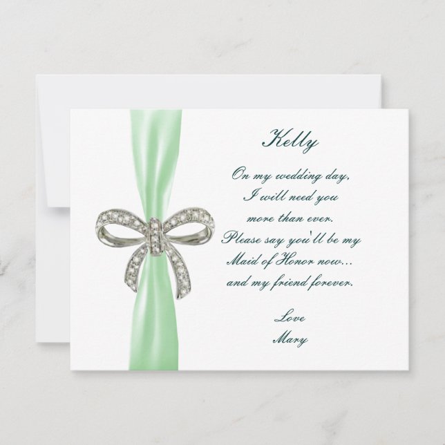 Green Diamond Bow Wedding Maid Of Honor Card (Front)