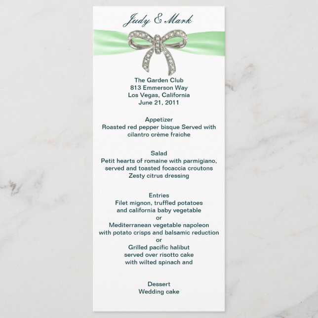 Green Diamond Bow Wedding Menu Card (Front)