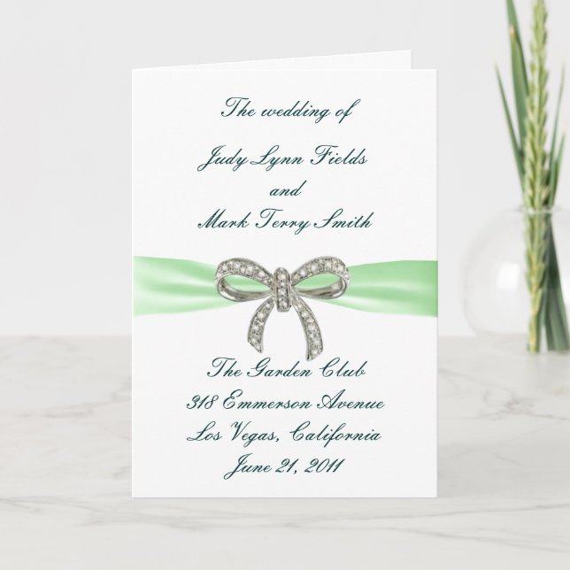 Green Diamond Bow Wedding Program Card (Front)