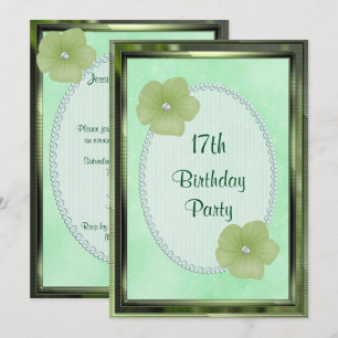 Green Diamond Flowers & Pearls 17th Birthday Invitation