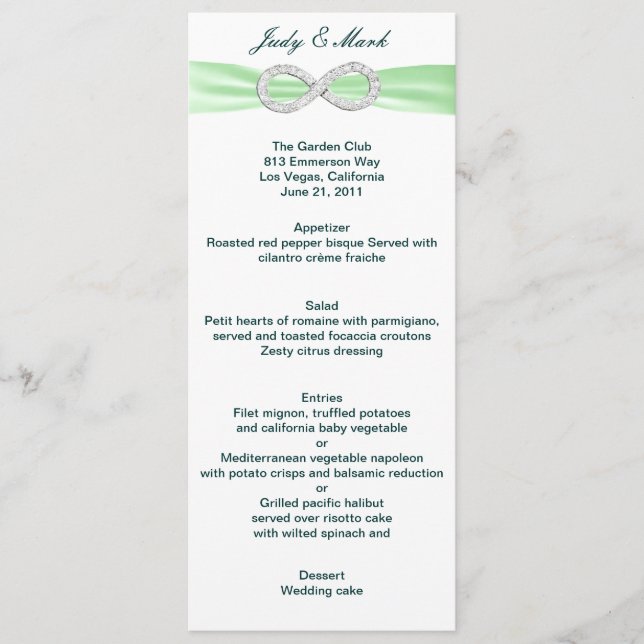 Green Diamond Infinity Wedding Menu Card (Front)