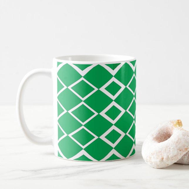 Green Diamond Triangle Geometric Pattern   Coffee Mug (With Donut)