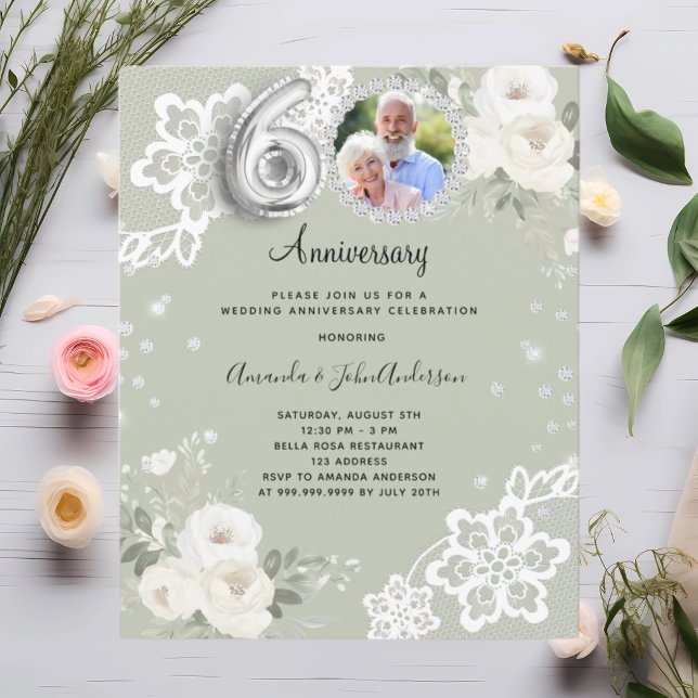 Green diamonds florals 60th wedding invitation (Creator Uploaded)
