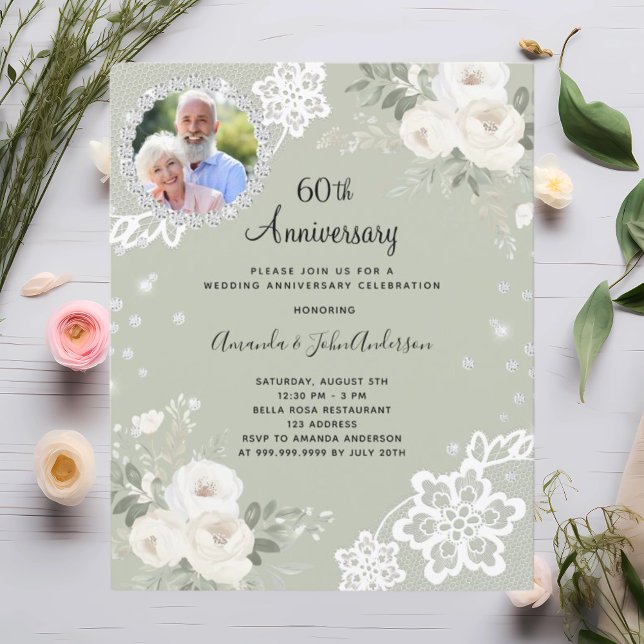 Green diamonds florals 60th wedding invitation (Creator Uploaded)