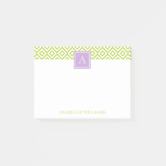 Green Diamonds Pattern and Purple Monogram Post-it Notes