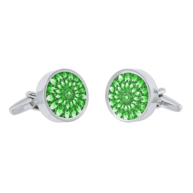 Green Diamonds Print Mandala Design Cufflinks (Angled)