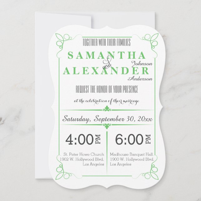Green Die Cut Bracket Art Deco Wedding Invite (Front)