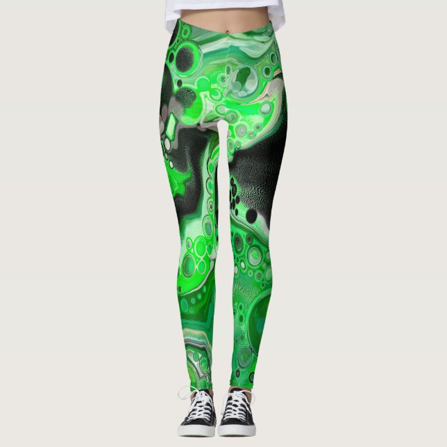 Green Digital Fluid Marble Art   Leggings (Front)