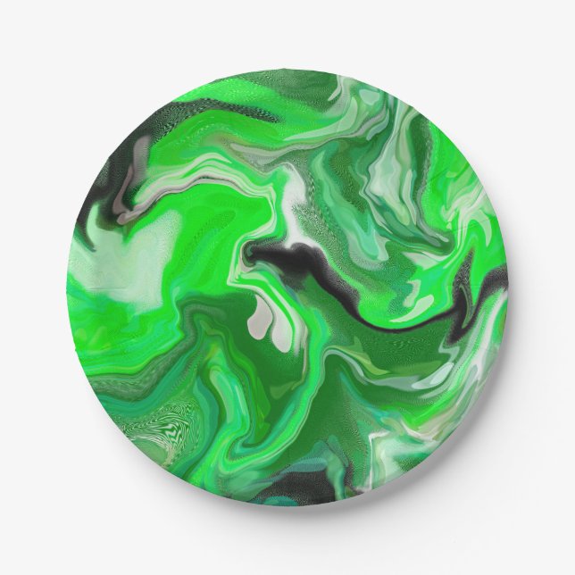Green Digital Fluid Marble Art      Paper Plates (Front)