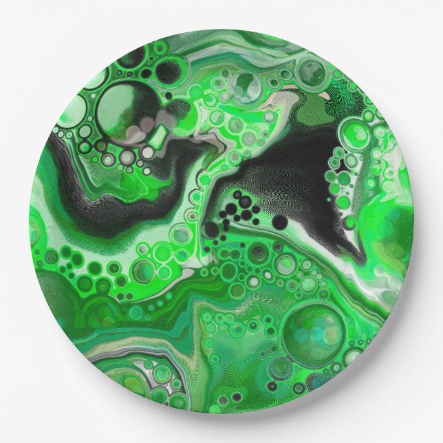Green Digital Fluid Marble Art     Paper Plates (Front)
