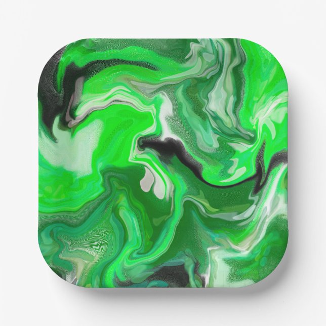 Green Digital Fluid Marble Art       Paper Plates (Front)