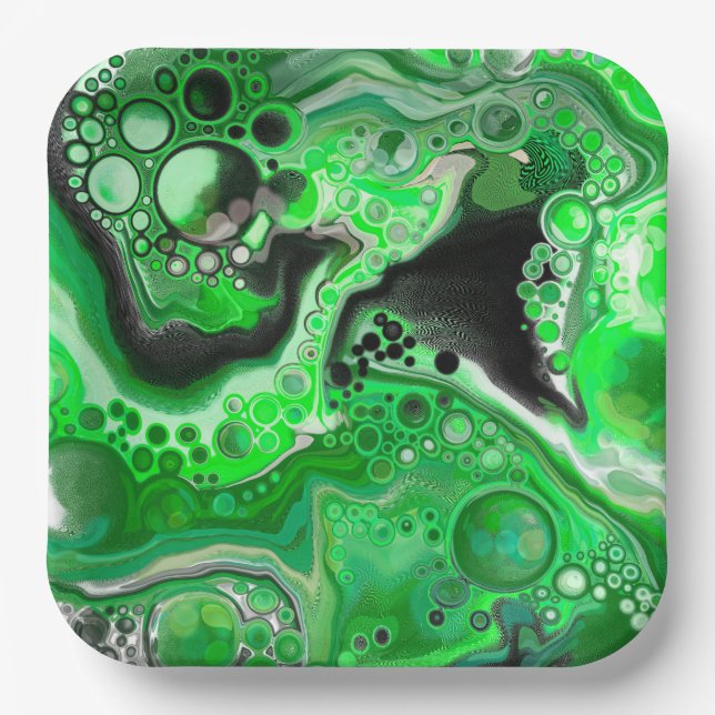 Green Digital Fluid Marble Art   Paper Plates (Front)