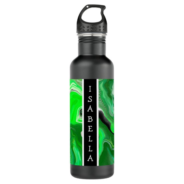 Green Digital Fluid Marble Art Personalized Stainless Steel Water Bottle (Front)