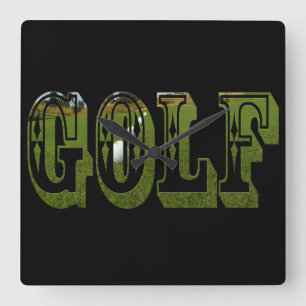 Green Dimensional Golf Word With Balls, Square Wall Clock