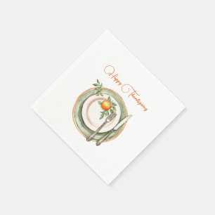 Green Dinner Plate with Orange Happy Thanksgiving Napkins