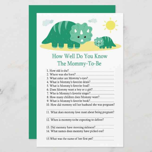 Green Dino How well do you know baby shower game (Front/Back)
