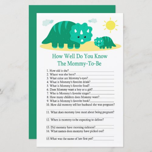 Green Dino How well do you know baby shower game