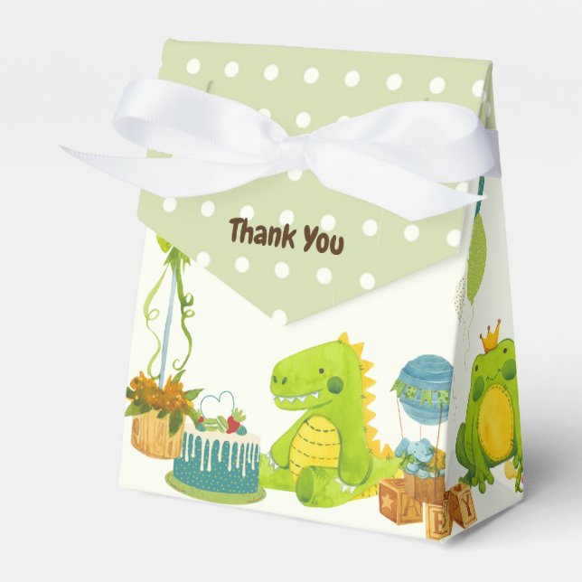 Green dino kids toys birthday party  favor boxes (Front Side)