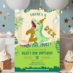 Green Dino Theme Two Rex On The Loose 2nd Birthday Invitation