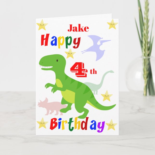 Green Dinosaur 4th Birthday Card (Front)