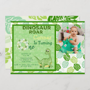 Green Dinosaur Add Photo Boy 1st Birthday Party Invitation