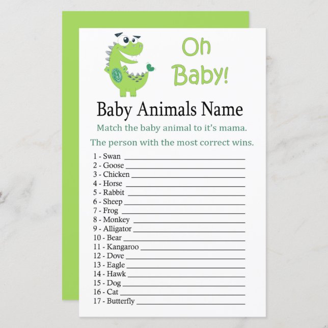 Green Dinosaur  Baby Animals Name Game (Front/Back)