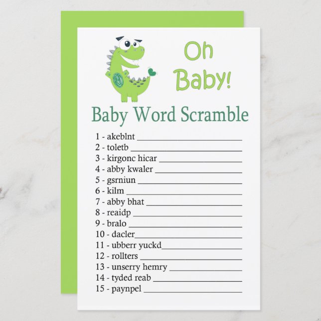 Green Dinosaur Baby word scramble game (Front/Back)