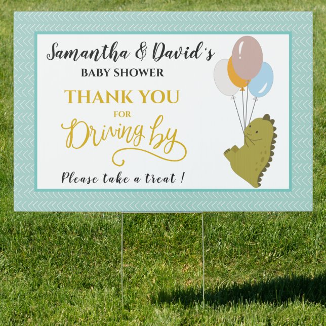 Green Dinosaur Balloon | Drive By Baby Shower Yard Sign (Insitu)