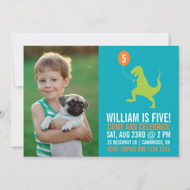 Green Dinosaur & Balloon Photo Birthday Invitation (Front)