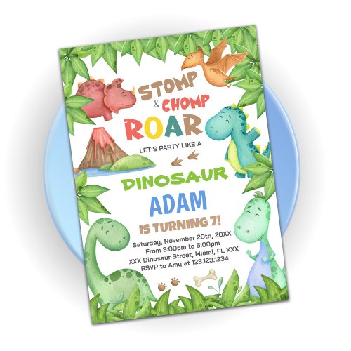 Green Dinosaur Birthday Invitations