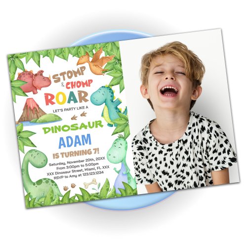 Green Dinosaur Birthday Invitations with photo