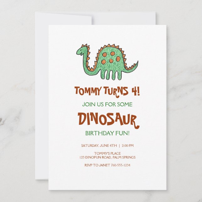 Green Dinosaur Birthday Party Invitations (Front)