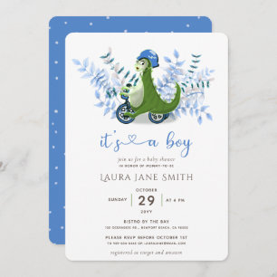 Green Dinosaur Blue Foliage Trike Boy Baby Shower Invitation