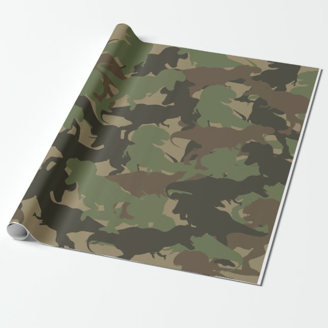 Green Dinosaur Camouflage Pattern Gift Wrapping Paper (Unrolled)