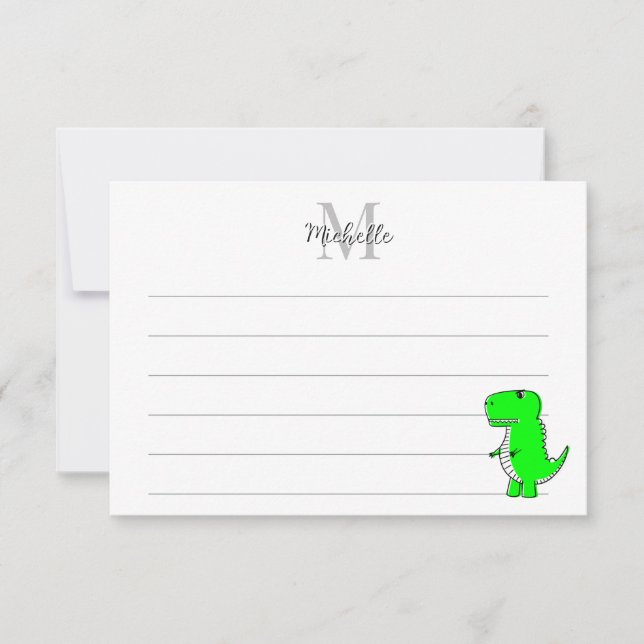 Green Dinosaur Drawing Custom Lined Monogram Note Card (Front)