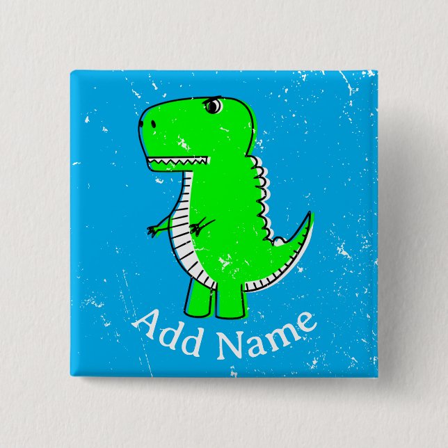 Green Dinosaur Drawing Custom Name Distressed Button (Front)