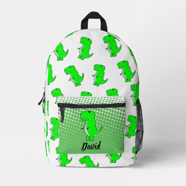 Green Dinosaur Drawing Custom Name Printed Backpack (Front)