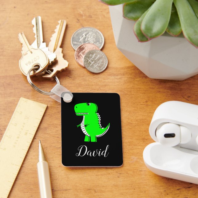 Green Dinosaur Drawing With Custom Name Keychain (Desk)