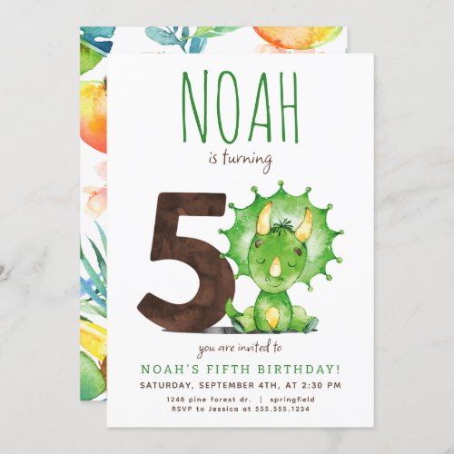 Green Dinosaur Fifth Birthday Invitation