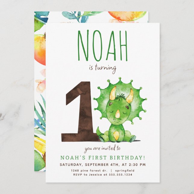 Green Dinosaur First Birthday Invitation (Front/Back)