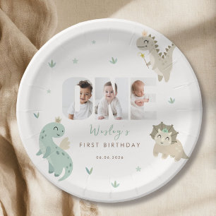 Green Dinosaur First Birthday Photo Paper Plates