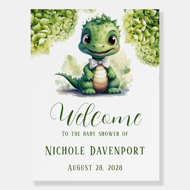 Green Dinosaur Floral Baby Shower Welcome Sign (Front)
